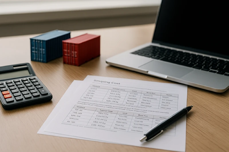 modern office desk with shipping cost calculation items including calculator, laptop, freight rate sheets, and container models