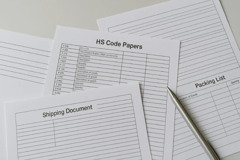 Top-down view of shipping documents, HS code papers, and packing lists on a clean desk representing customs compliance.