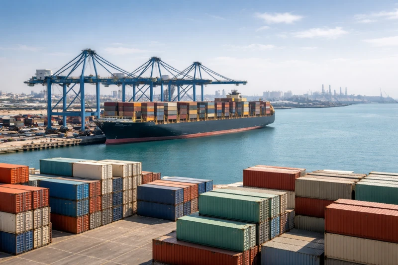 Shipping from China to Dammam, Saudi Arabia showing a modern container port and commercial cargo handling facilities