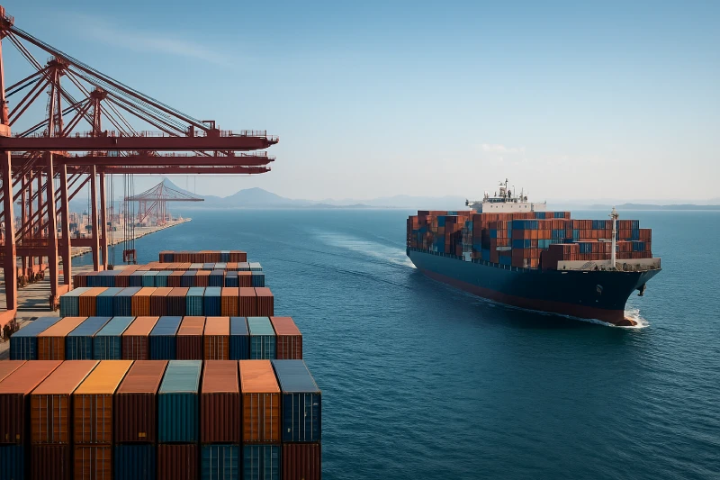 Container ship departing from a modern Chinese port, illustrating sea freight shipping from China to Kenya