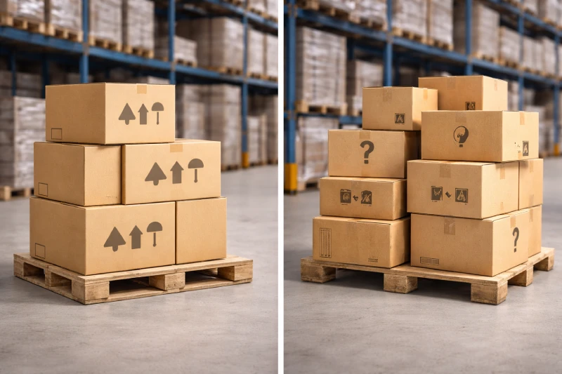 Photo réaliste d'entrepôt comparant les pratiques correctes et incorrectes de marquage d'expédition