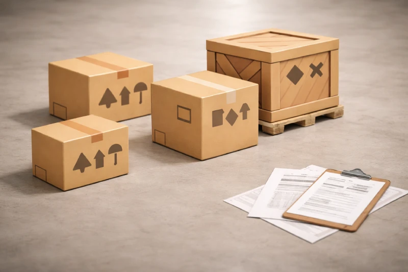 Realistic logistics photo showing shipping marks on cartons and crates linked to shipping documents