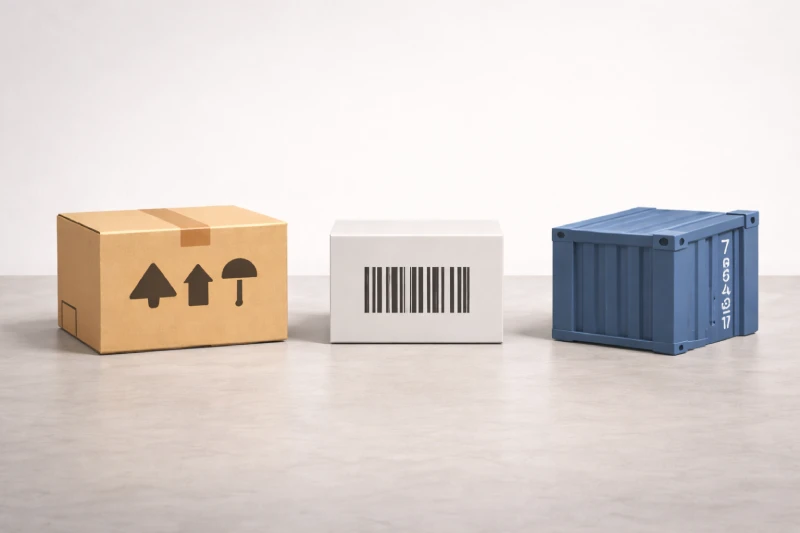 Photo comparative montrant marque d'expédition contre code-barres et numéro de conteneur en logistique