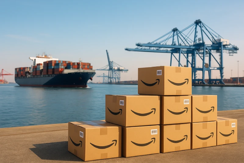 Container ship and Amazon FBA cartons representing shipping from China to the USA