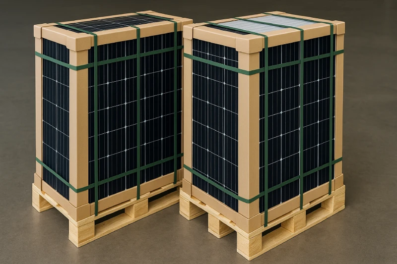 Mizigo ya paneli za jua dhaifu na kubwa iliyotayarishwa kwa usafirishaji wa kimataifa