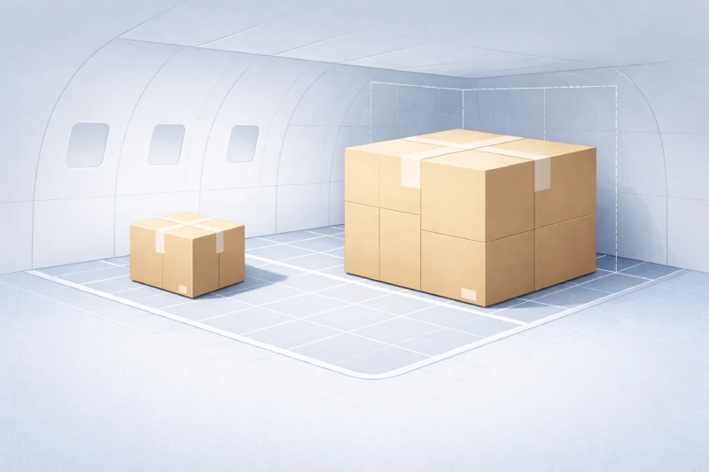 Illustration explaining volumetric weight versus actual weight in air freight pricing for small shipments