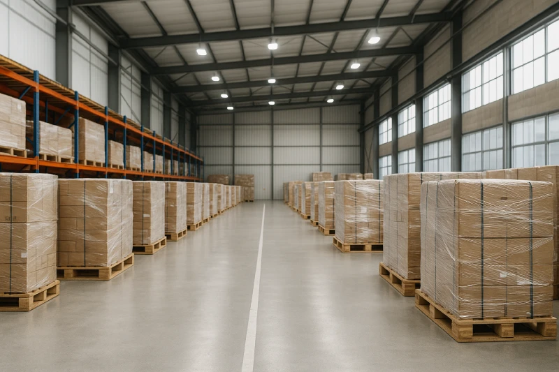 palletized cargo neatly arranged in warehouse aisles under soft daylight