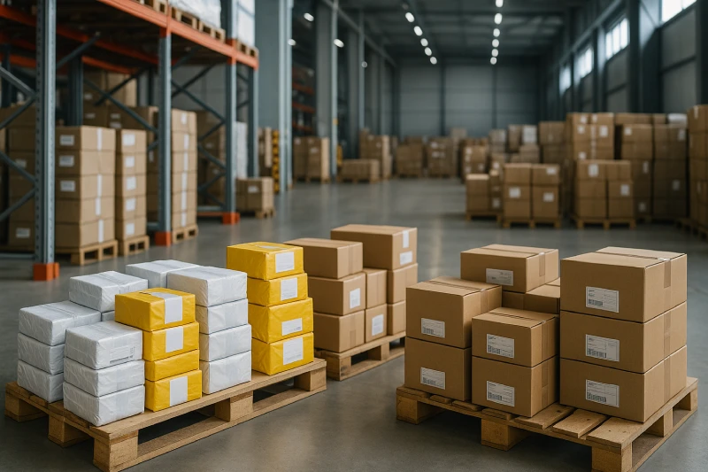 Organized parcels and cartons stacked on pallets inside a modern warehouse, prepared for door-to-door delivery in a clean logistics environment.