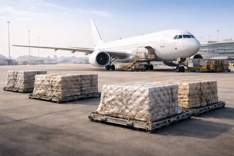 Air freight shipping from China to UAE showing palletized air cargo and a cargo aircraft at an airport terminal