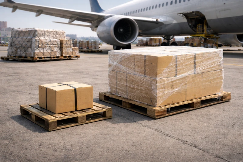 مقارنة الوزن الحجمي للشحن الجوي من الصين إلى قطر تظهر صندوق ثقيل مدمج وكرتون كبير خفيف الوزن في اختبار قريب من طائرة شحن