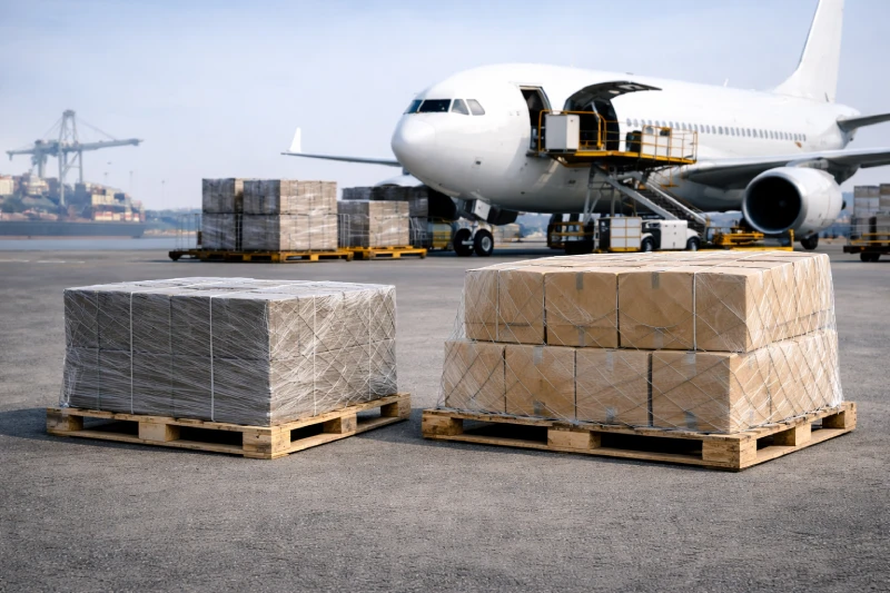 Air freight volumetric weight comparison from China to Tanzania showing a compact heavy pallet and a larger lightweight pallet near a cargo aircraft