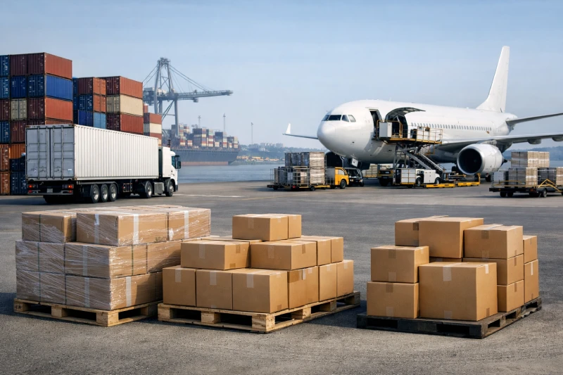 Comparison of sea freight, air freight, and express shipping methods from China to Tanzania with cargo pallets, containers, and aircraft