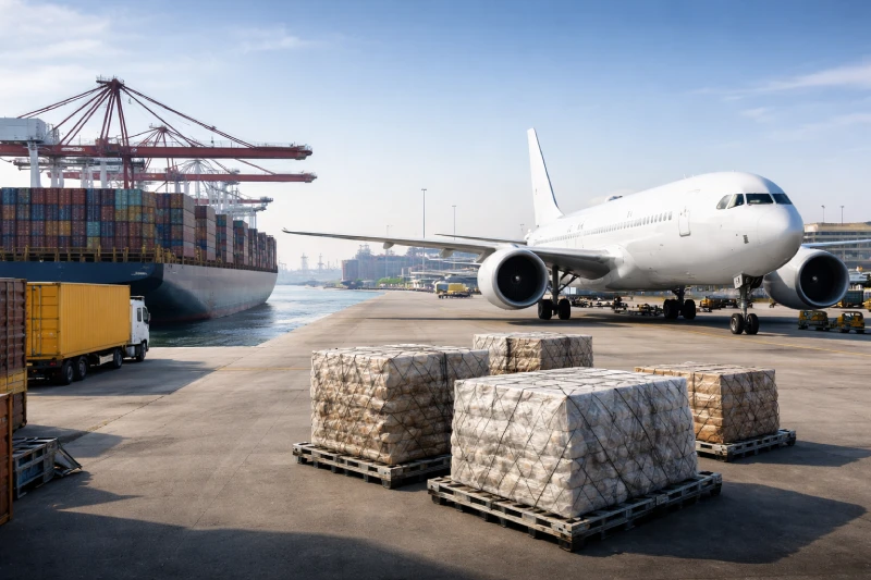 International sea and air freight shipping from China to UAE showing container vessel at port and cargo aircraft with palletized goods
