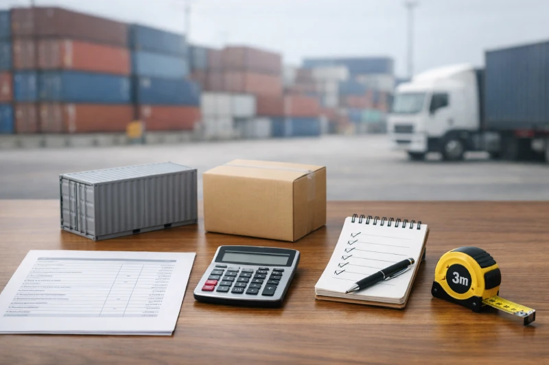 Total cost planning for shipping from China to Nigeria with itemized quote, volume measurement, and container decision on a logistics desk