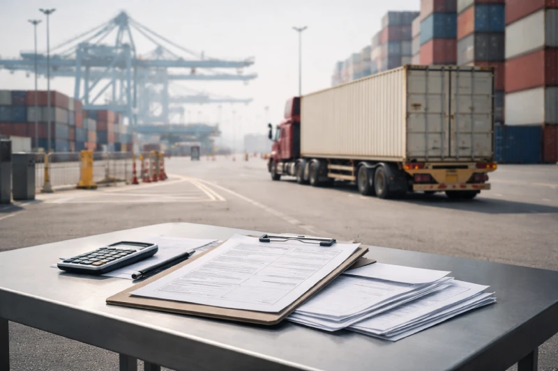 Realistic Qatar port logistics scene showing shipping documents and a sealed container truck, illustrating total landed cost decision-making for China to Qatar shipments.