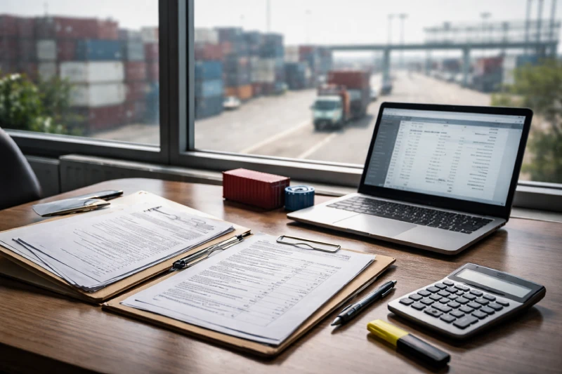 Professional logistics office near a seaport showing shipping documents, cost planning tools, and container yard in background for China to Saudi Arabia shipping decisions