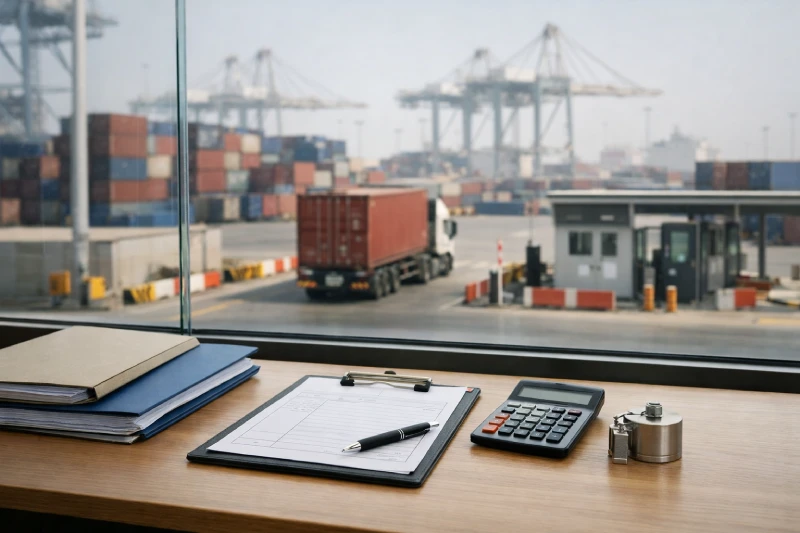 Office desk with shipping documents and calculator overlooking a UAE seaport terminal, showing container stacks, port gate inspection, and inland trucking operations