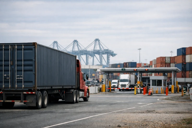 Container truck waiting at a US port gate during import shipping from China, showing port access and inland transport stage