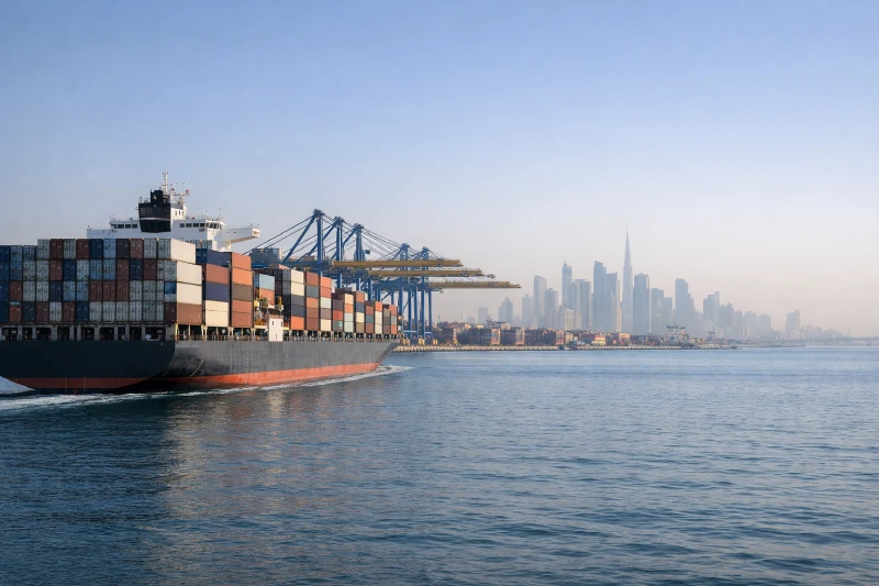 Container vessel approaching Jebel Ali Port in Dubai for international shipping from China