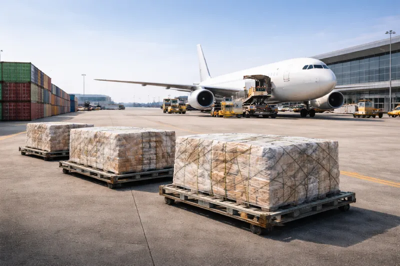 Air freight cargo operations from China to Ethiopia showing palletized goods at an international airport terminal