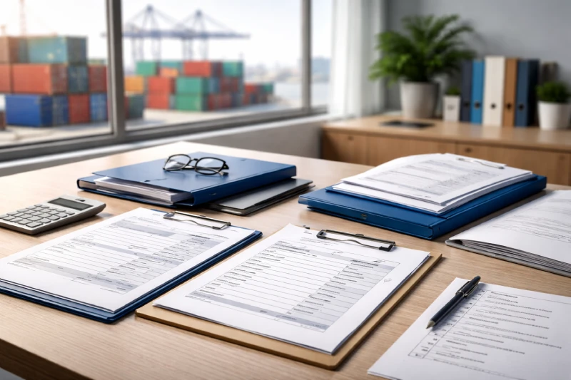 Professional logistics desk with international shipping documents and checklist, with port containers in the background representing China to Nigeria import documentation process