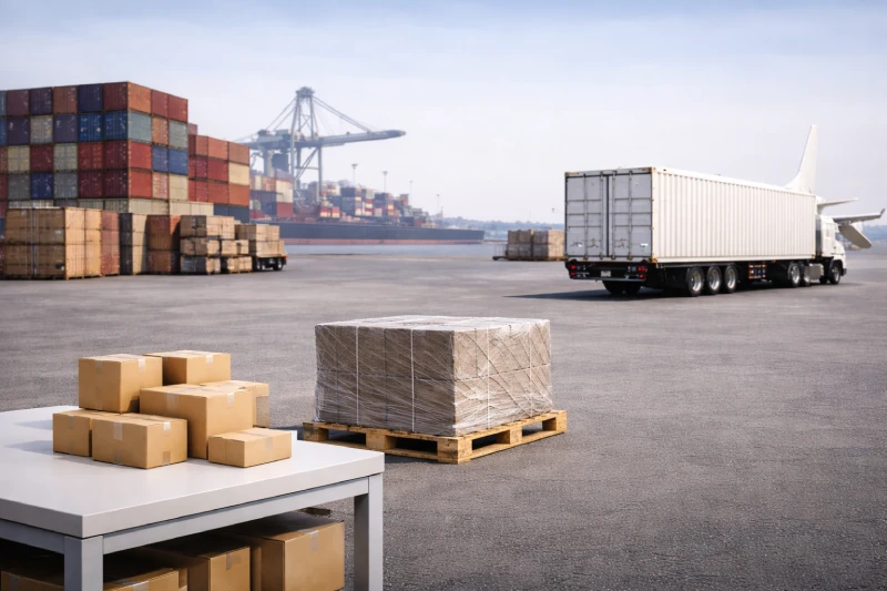 Shipping decision framework from China to Tanzania showing small parcels, palletized cargo, and a full container for different shipment sizes