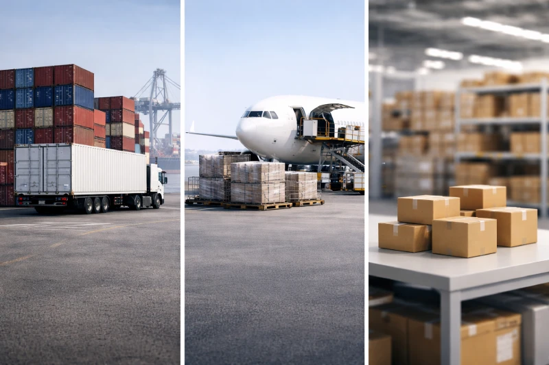 Comparison of sea freight, air freight, and express shipping methods from China to Tanzania showing containers, air cargo pallets, and small parcels