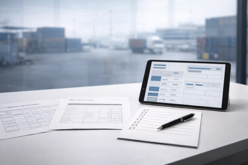 Logistics shipping decision planning from China to UAE shown by documents and quotation review in a professional office setting