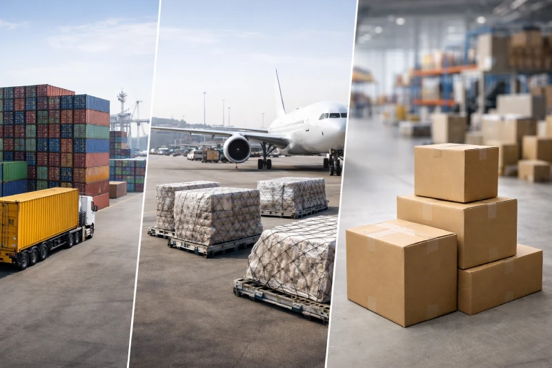 Comparison of sea freight, air cargo, and express shipping from China to UAE showing port containers, airport pallets, and small parcels