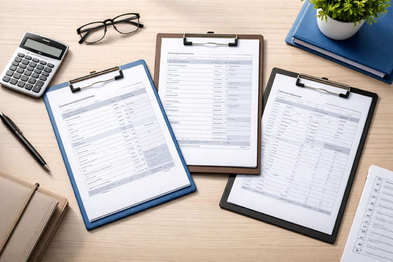 Top-down view of commercial invoice, packing list, and bill of lading documents arranged on a desk for international import customs documentation
