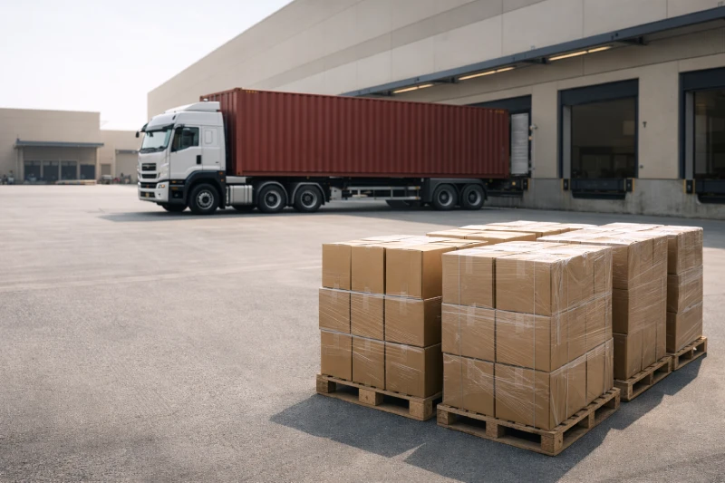 DDP door-to-door shipping from China to Qatar showing sealed cargo delivered to a warehouse with final-mile truck handling completed

