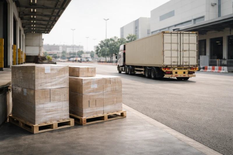 Realistic Doha last-mile delivery scene with sealed pallets and a stationary truck, representing DDP door-to-door shipping from China to Qatar with controlled total cost.