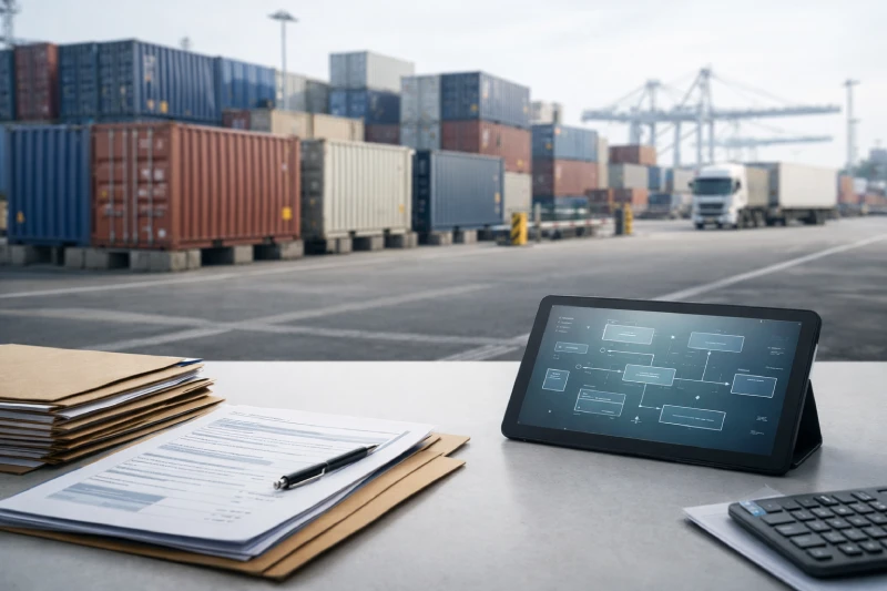 End-to-end DDP door-to-door shipping workflow from China to UAE, showing logistics documents, container handling, and controlled customs process