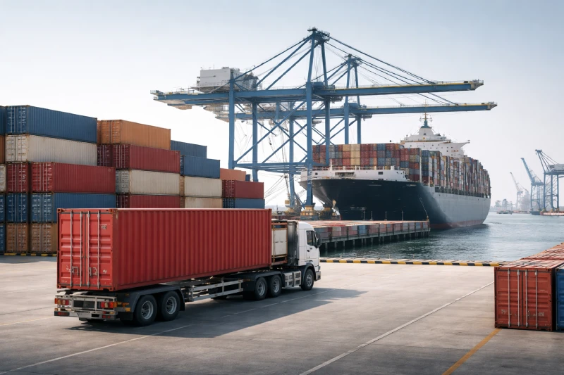 DDP shipping from China to Qatar showing a container vessel at a Middle East port and a sealed container truck prepared for final delivery