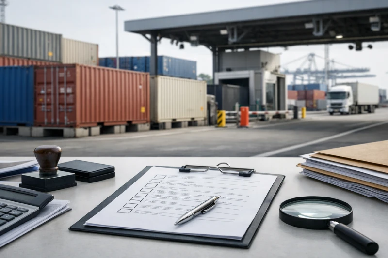 Professional DDP shipping customs clearance workflow from China to UAE, showing import documents, inspection process, and controlled port logistics environment