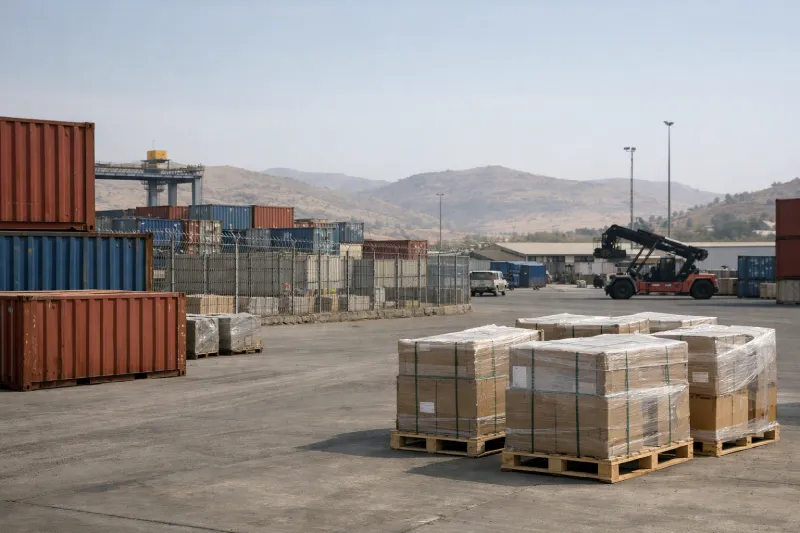 Port and inland cargo terminal environment in Ethiopia highlighting regulatory and customs clearance risks for DDP shipping