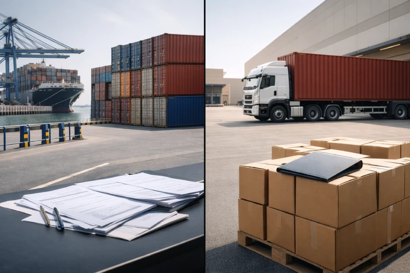 Comparison of DDP shipping versus non-DDP shipping, showing fragmented port handling on one side and unified door-to-door delivery responsibility on the other
