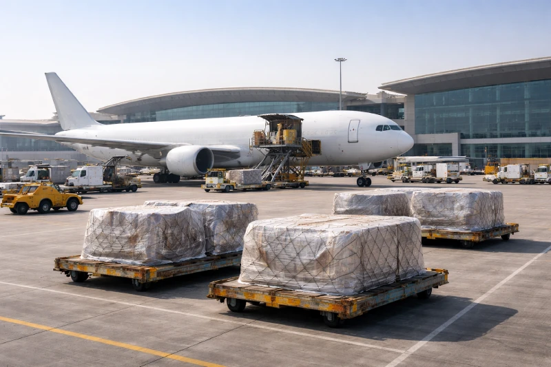 عمليات مناولة الشحن الجوي في محطة شحن بالمطار في دبي للشحن الجوي الدولي