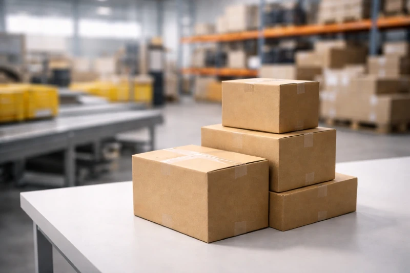 Express courier shipping from China to UAE showing small parcel cartons in a warehouse sorting environment