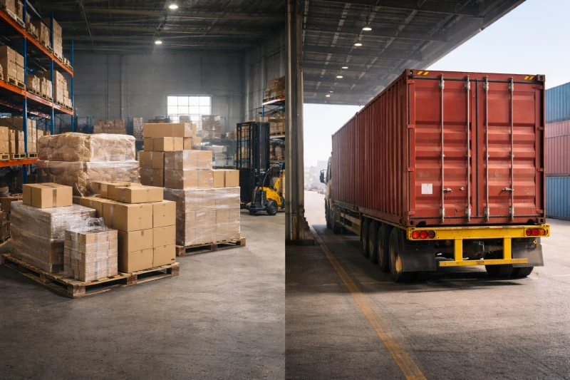 مقارنة بين الشحن البحري FCL وLCL من الصين إلى قطر تظهر بضائع مجمعة مقابل حاوية مغلقة بالكامل في محطة لوجستية