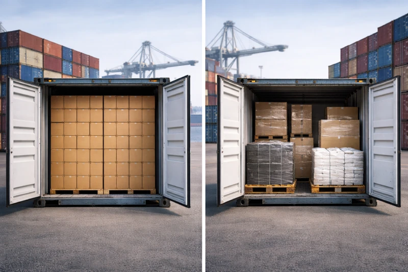 FCL vs LCL sea freight comparison from China to Tanzania showing a fully loaded container versus mixed cargo pallets at a modern seaport