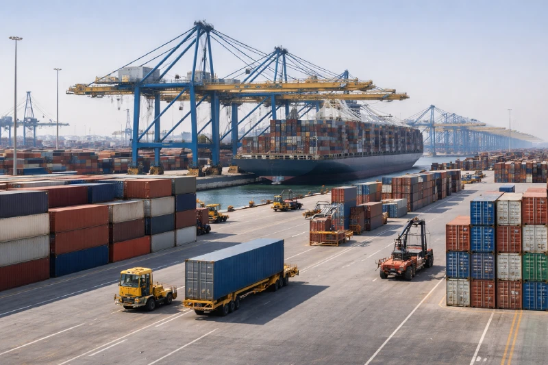 تشغيل المحطات الحاويات في ميناء جبل علي في دبي خلال معالجة الشحن البحري