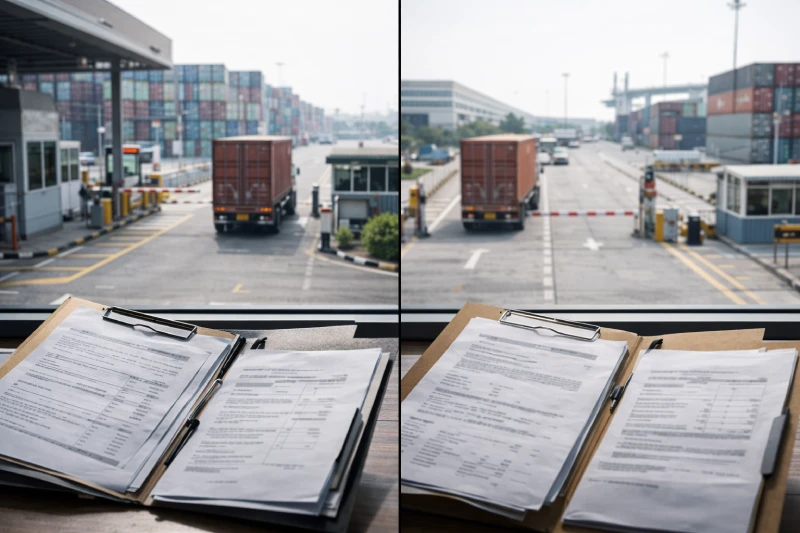 عرض مقسم لمدخلي ميناءين سعوديين مع شاحنات حاويات ووثائق شحن في المقدمة، يوضح تأثير اختيار الميناء على تكلفة التسليم الداخلي.