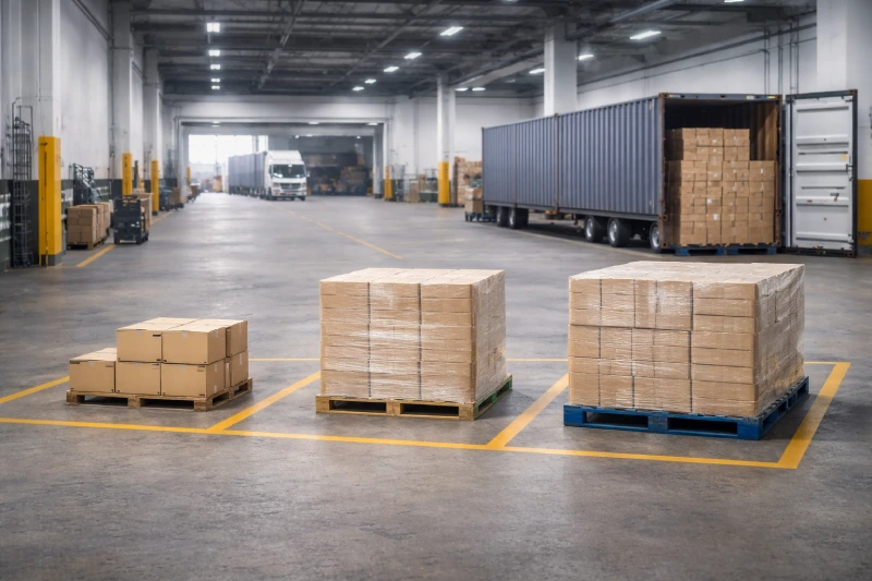 Comparison of shipment sizes for cost-efficient shipping showing small LCL, medium volume-controlled LCL, and near FCL cargo in warehouse