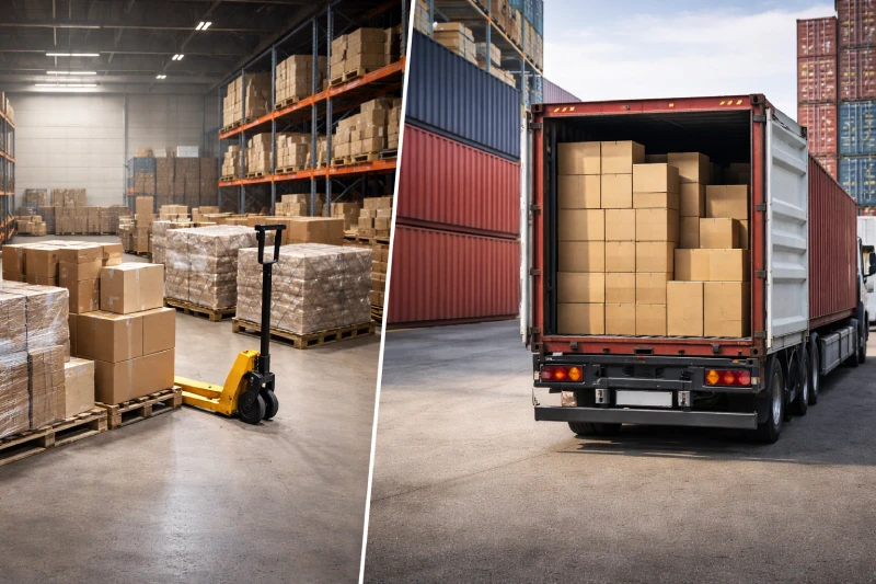 LCL versus FCL sea freight from China to UAE showing consolidated warehouse cargo and a fully loaded sealed container