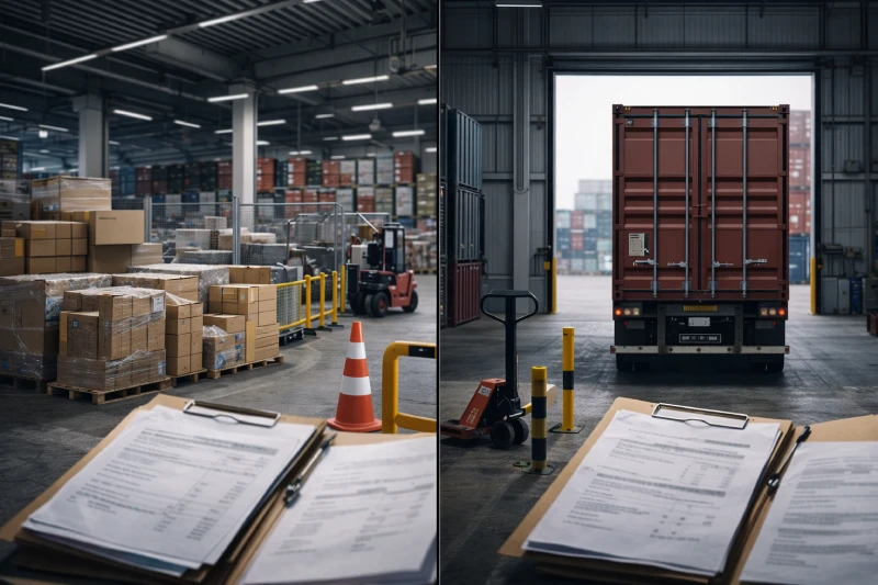 مشهد مُستودع بالقرب من الميناء يقارن بين بضائع الLCL المجمعة والحاوية الكاملة المختومة، يُوضح اختيار حجم الشحنة للواردات السعودية.