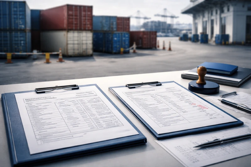 Nigeria customs clearance process showing import shipping documents and sealed containers at port inspection area