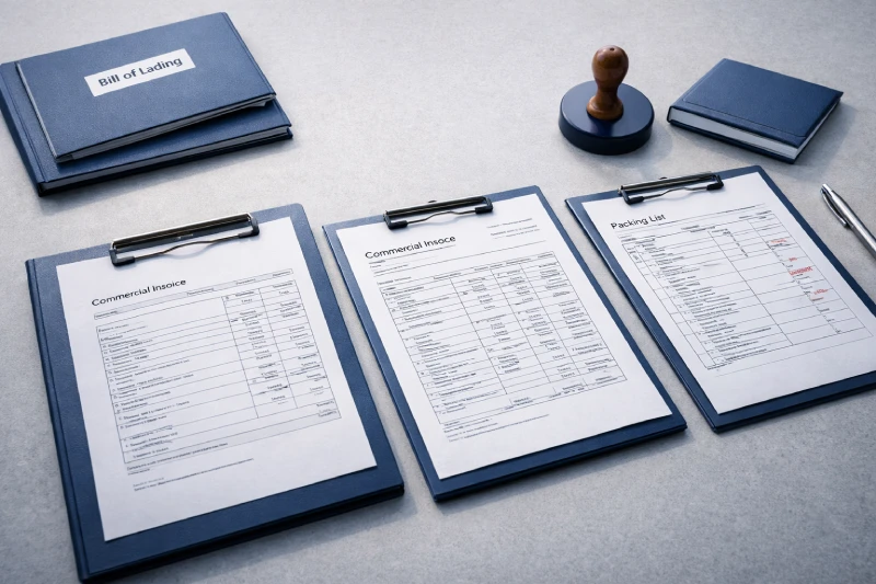 Required documents for Nigeria customs clearance including commercial invoice packing list and bill of lading arranged on desk