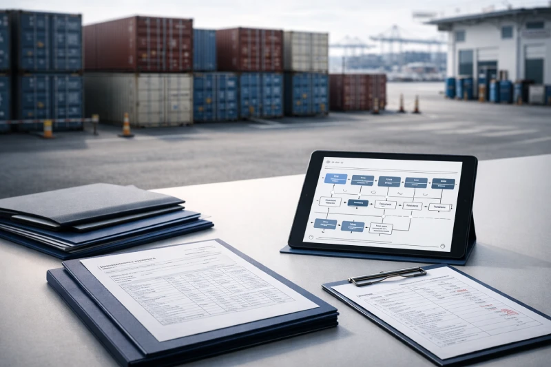 Overview of Nigeria customs clearance workflow showing shipping documents and port container background