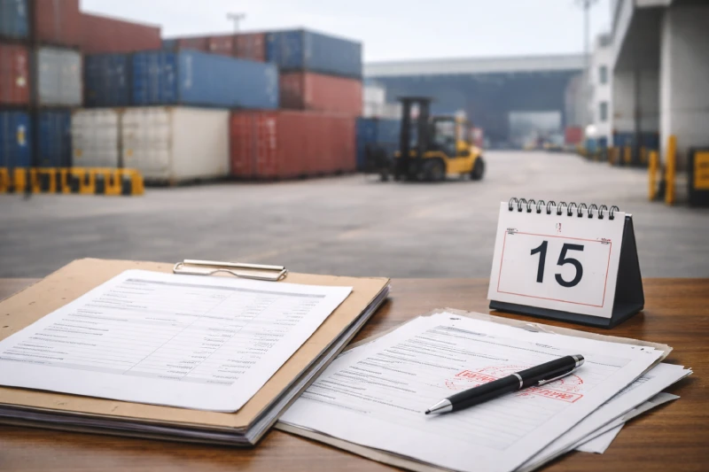 Hidden destination port charges and customs delays in Nigeria shipping shown with documents, calendar, and containers on hold at port